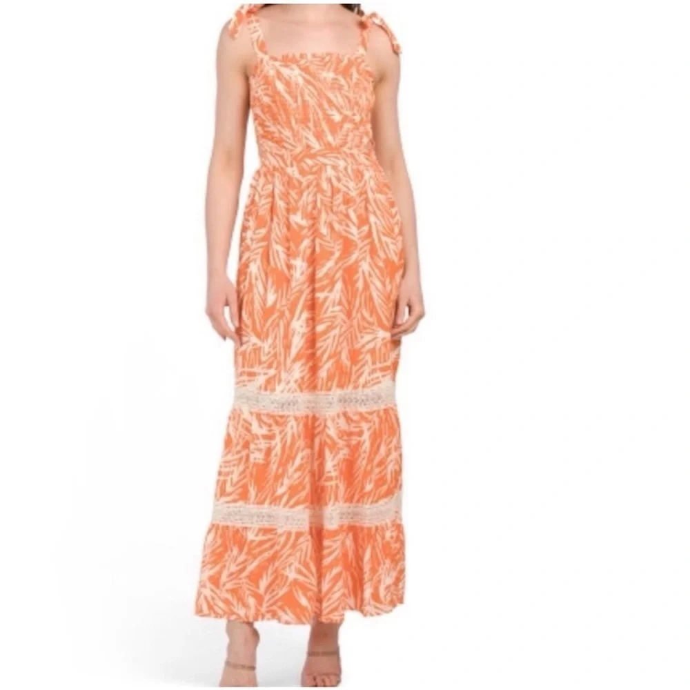 SINCERELY JULES tropical leaf print maxi dress eyelet trim